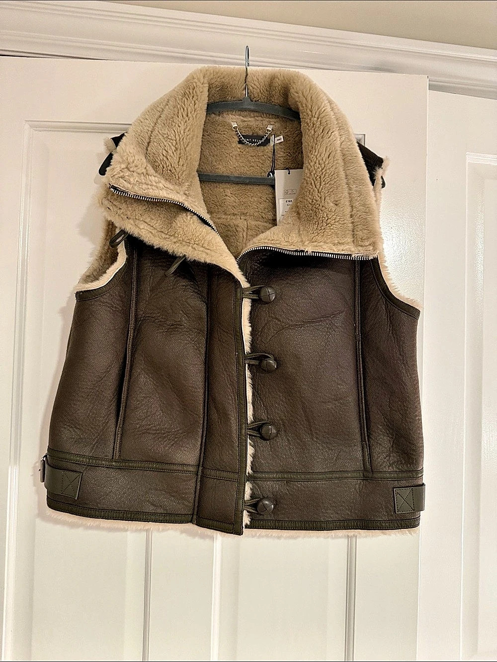 Mint Velvet Khaki Bonded Gilet Leather-Look Shearling Gilet Size Large NWT